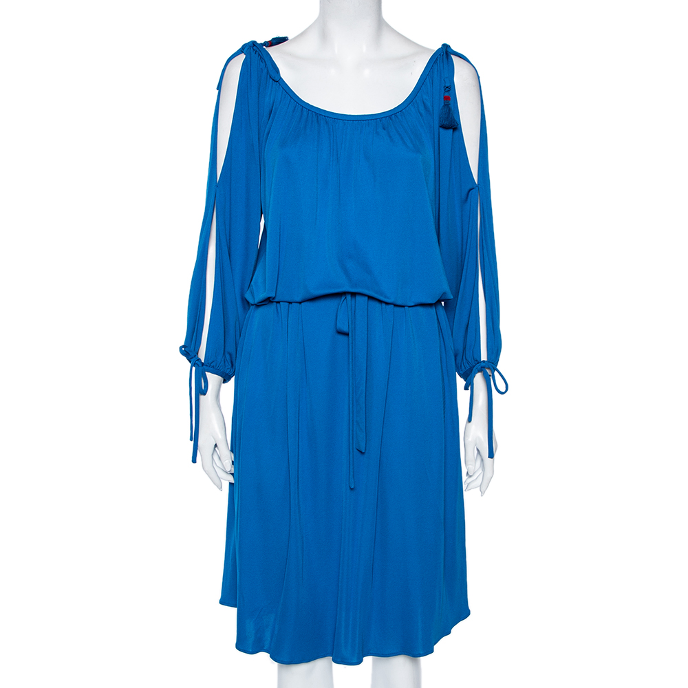 luxury-women-roberto-cavalli-new-clothes-p507917-001-2 Roberto Cavalli Blue Jersey Cold Shoulder Tassel Tie Detailed Belted Dress M