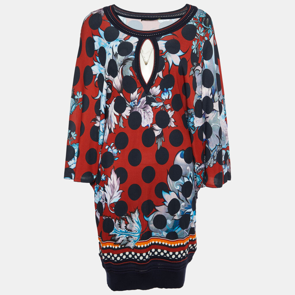 luxury-women-roberto-cavalli-new-clothes-p862912-002 Roberto Cavalli Red Floral Printed Jersey & Knit Trim Mini Dress M