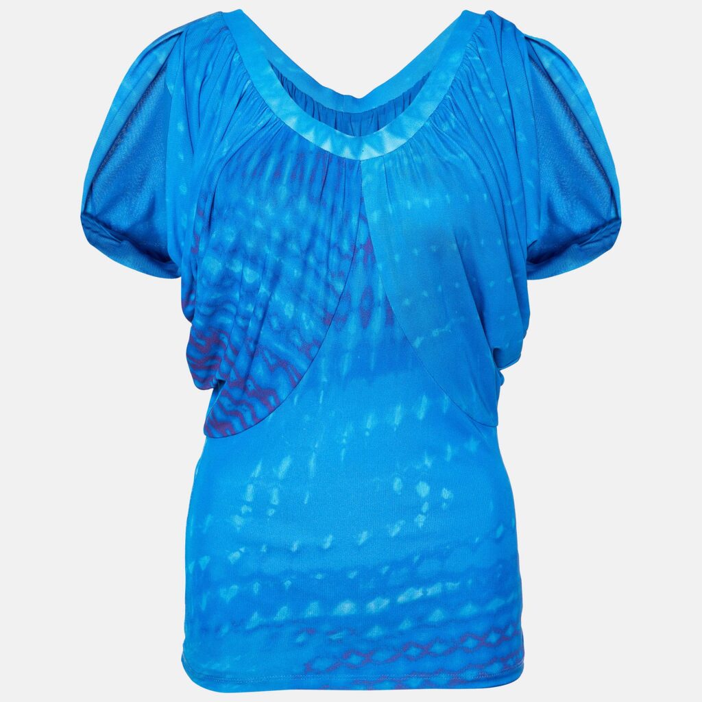 luxury-women-roberto-cavalli-new-clothes-p992841-002 Roberto Cavalli Blue Printed Jersey Draped Sleeve Top S