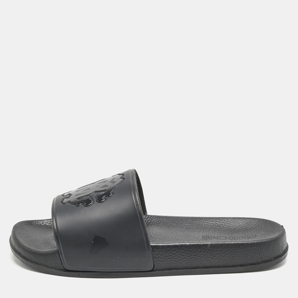 Roberto Cavalli Black Rubber Logo Flat Slides Size 39