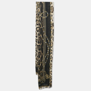 Roberto Cavalli Brown Chain/Leopard Print Silk Scarf