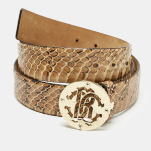 Roberto Cavalli Beige Snakeskin RC Logo Round Buckle Belt 95CM