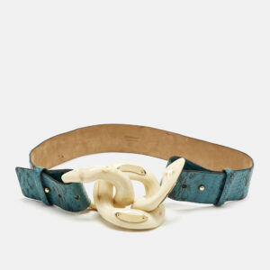 Roberto Cavalli Blue Watersnake Leather Chain Detail Waist Belt 90CM