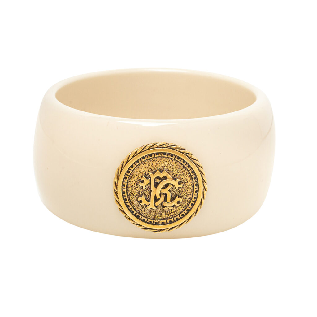 luxury-women-roberto-cavalli-used-accessories-p445320-003 Roberto Cavalli Cream Resin Logo Medallion Wide Bangle Bracelet