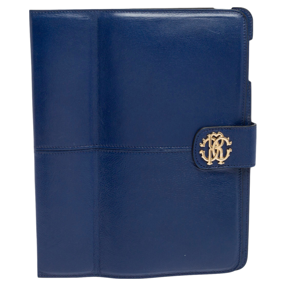 luxury-women-roberto-cavalli-used-accessories-p495536-004 Roberto Cavalli Blue Leather Logo Buckle Detail Tablet Case