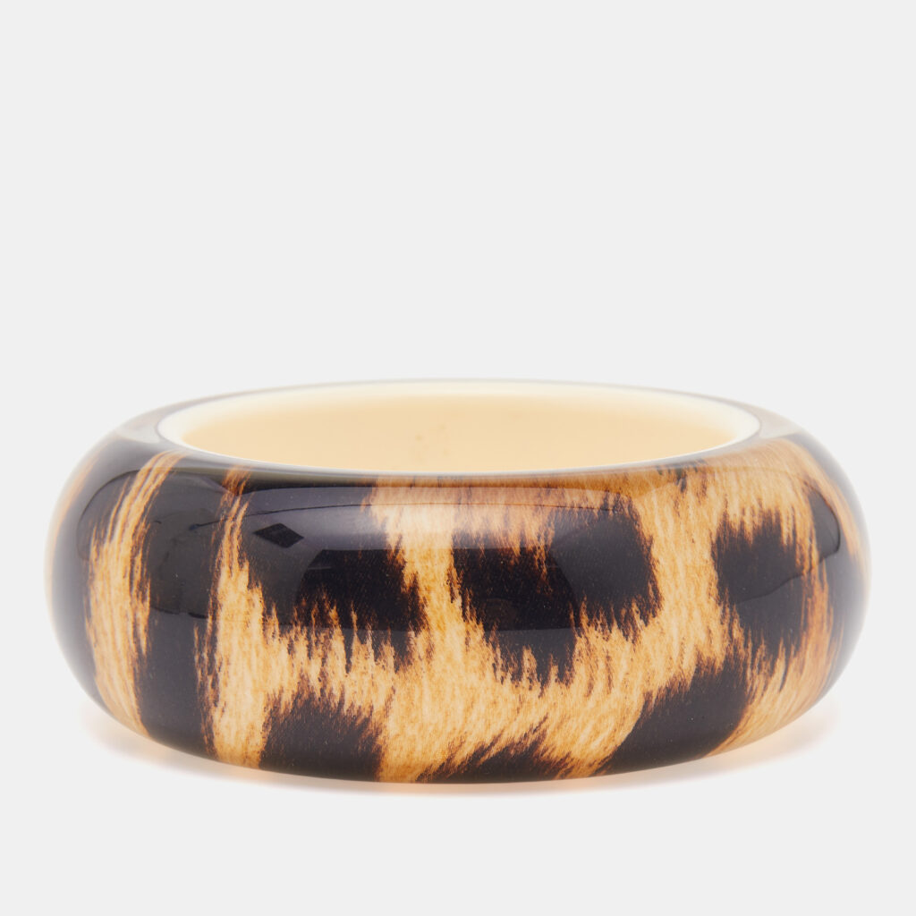 Roberto Cavalli Beige/Black Resin Leopard Print Wide Bangle Bracelet
