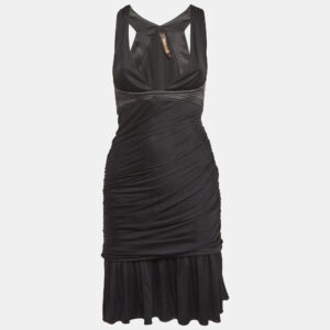 Roberto Cavalli Black Stretch Crepe Ruche Midi Dress S