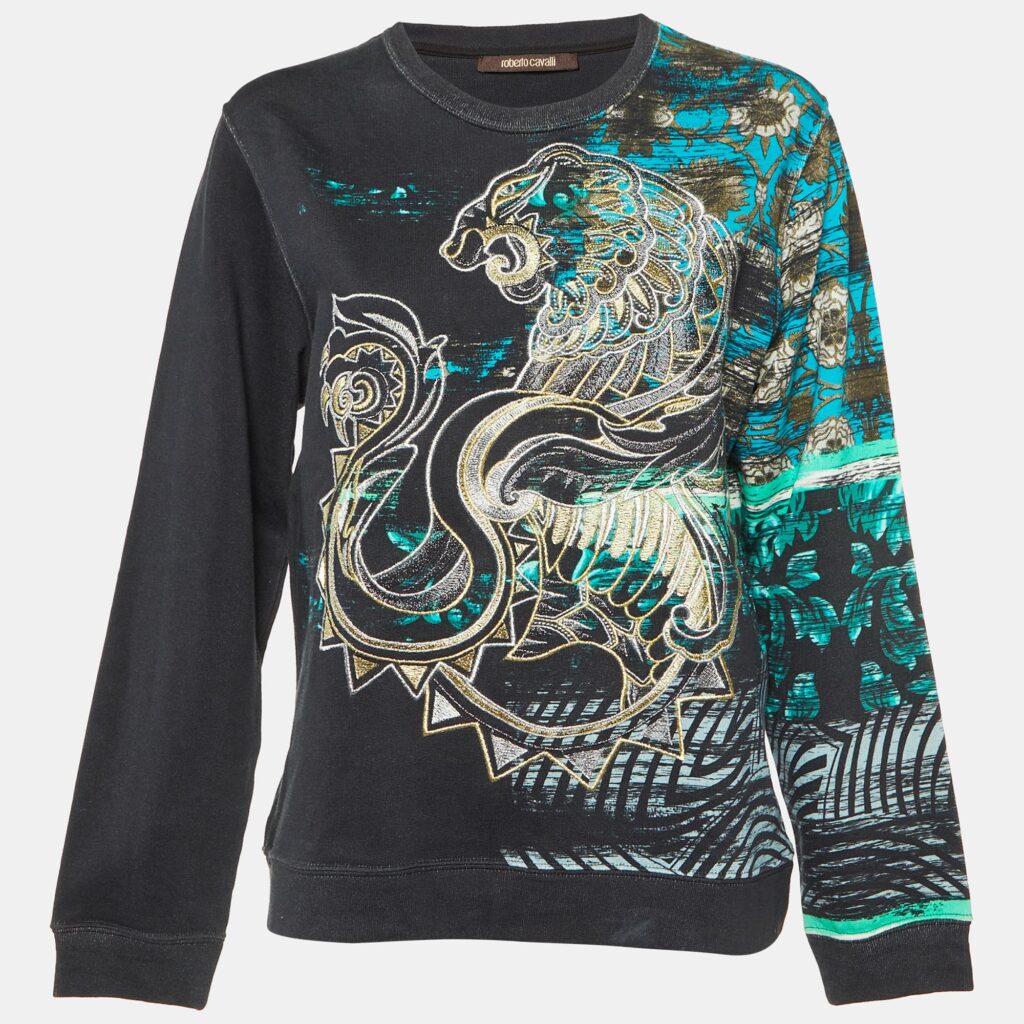 luxury-women-roberto-cavalli-used-clothes-p1087421-004 Roberto Cavalli Black Embroidered & Printed Cotton Sweatshirt M