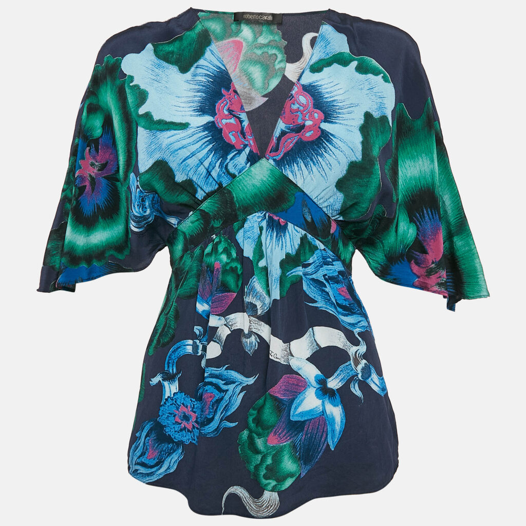 luxury-women-roberto-cavalli-used-clothes-p1092415-007 Roberto Cavalli Multicolor Printed Silk V-Neck Top M