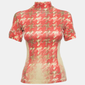 Roberto Cavalli Red/Beige Floral Print Modal Jersey High Neck Top XS