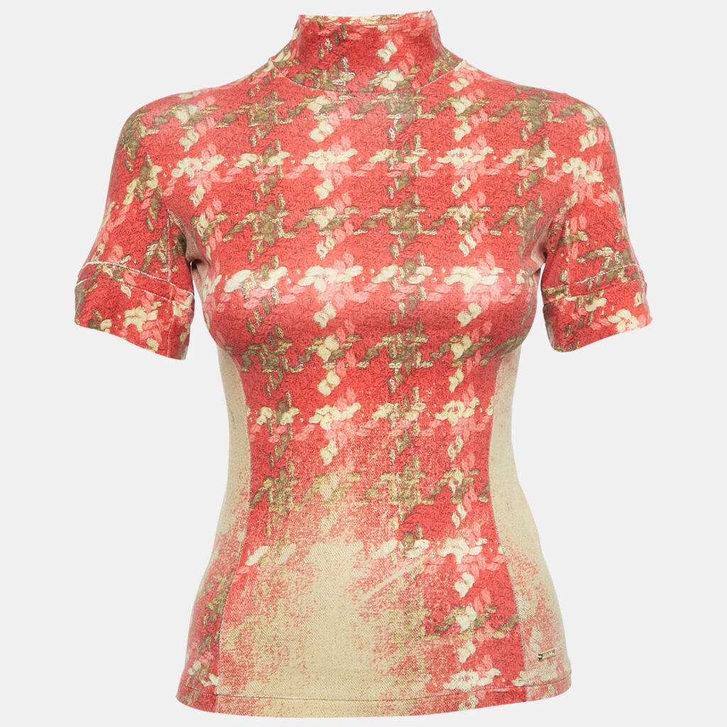 luxury-women-roberto-cavalli-used-clothes-p1094060-004 Roberto Cavalli Red/Beige Floral Print Modal Jersey High Neck Top XS