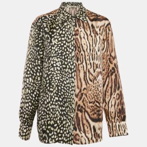 Roberto Cavalli Brown Leopard Print Silk Long Sleeve Shirt L