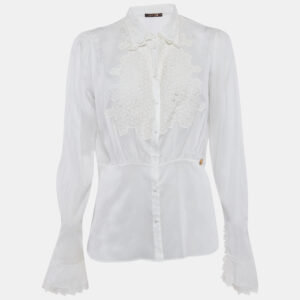 Roberto Cavalli Off-White Cambric Cotton Floral Lace Trimmed Blouse L