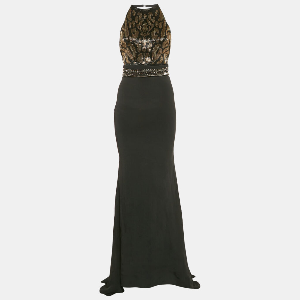 Roberto Cavalli Black Embellished Crepe Sleeveless Gown S