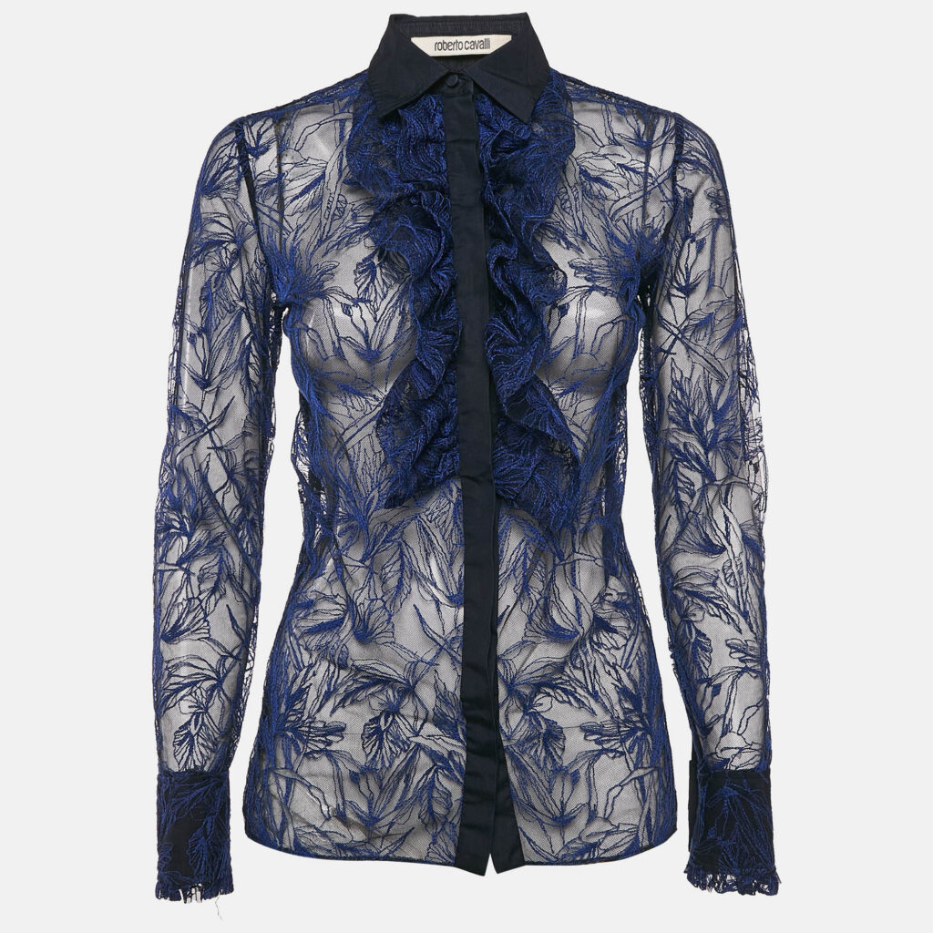 Roberto Cavalli Blue Embroidered Tulle Frilled Sheer Shirt S