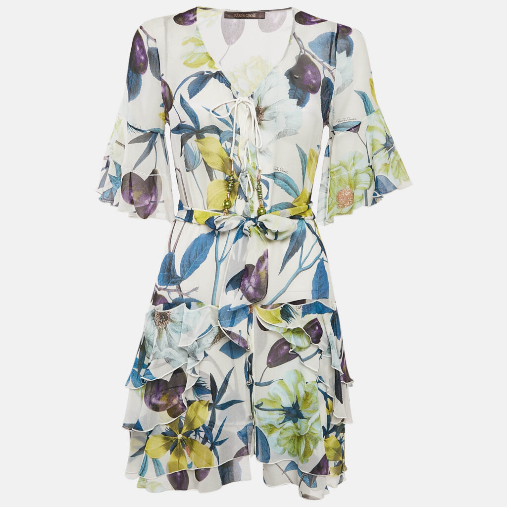 luxury-women-roberto-cavalli-used-clothes-p1110767-001 Roberto Cavalli Multicolor Floral Print Silk Ruffle Belted Dress S