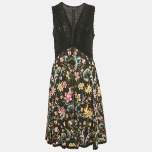 Roberto Cavalli Black Floral Print Jersey and Crochet Midi Dress M