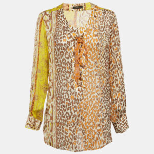 Roberto Cavalli Yellow Printed Silk Lace Up Blouse L
