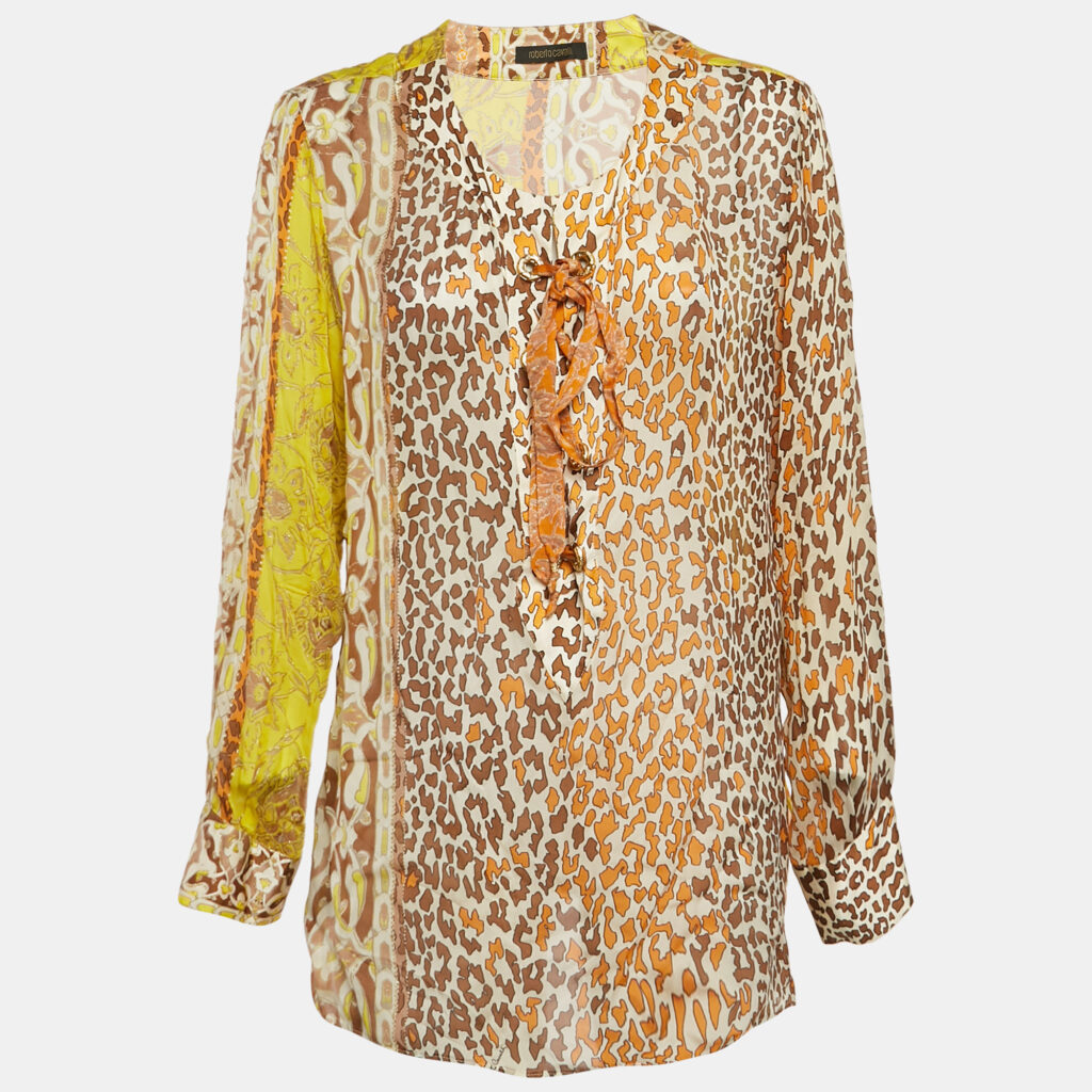 luxury-women-roberto-cavalli-used-clothes-p1118273-002 Roberto Cavalli Yellow Printed Silk Lace Up Blouse L