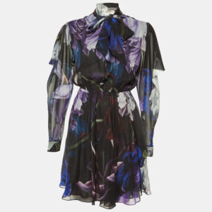 Roberto Cavalli Black Printed Silk Crepe Mini Dress S