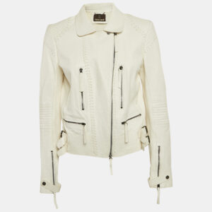 Roberto Cavalli White Textured Leather Zip-Up Biker Jacket L