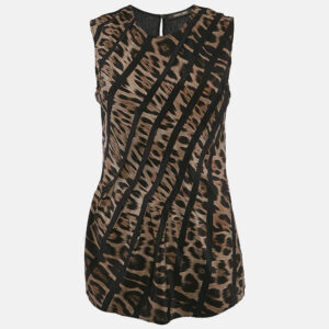Roberto Cavalli Brown Leopard Print Silk Sleeveless Top S