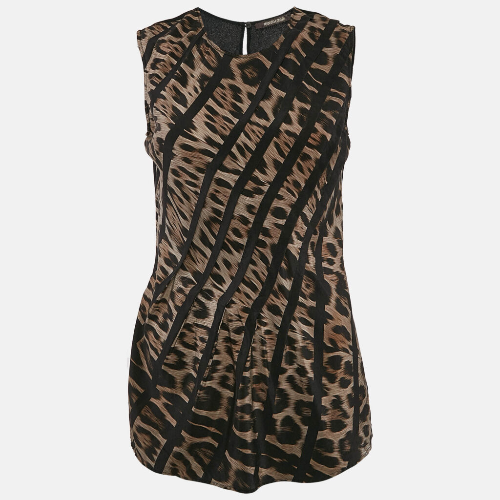 luxury-women-roberto-cavalli-used-clothes-p1133854-005 Roberto Cavalli Brown Leopard Print Silk Sleeveless Top S