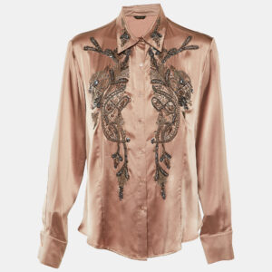 Roberto Cavalli Champagne Pink Silk Satin Embellished Shirt L