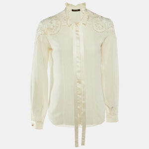 Roberto Cavalli Cream Silk Embroidered Button Front Shirt S