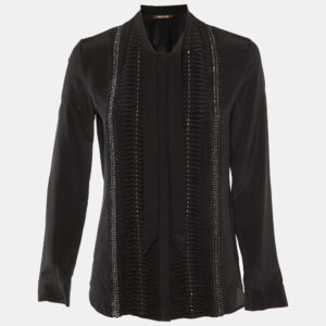 Roberto Cavalli Black Silk Studded Neck Tie Detail Shirt S