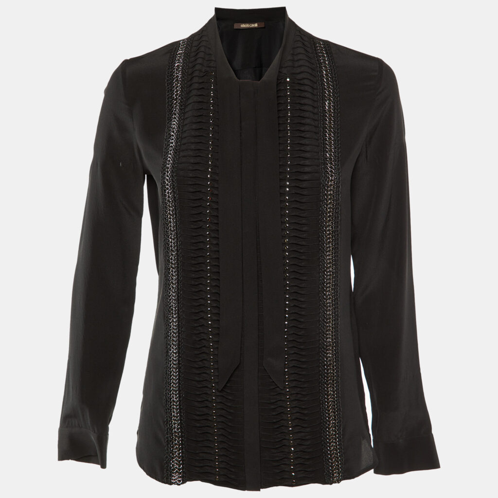 luxury-women-roberto-cavalli-used-clothes-p1138559-001 Roberto Cavalli Black Silk Studded Neck Tie Detail Shirt S
