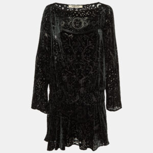 Roberto Cavalli Black Devore Elasticated Waist Detail Mini Dress M