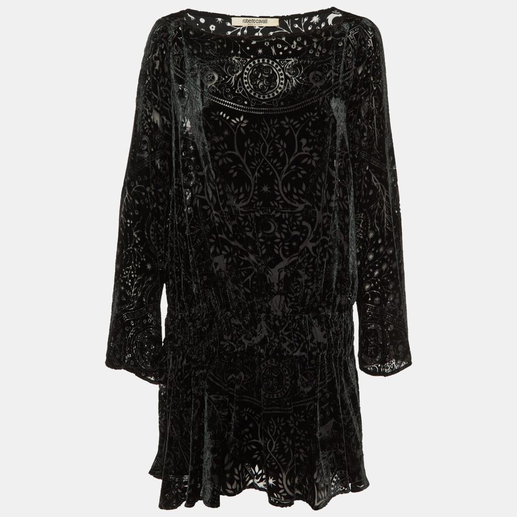 luxury-women-roberto-cavalli-used-clothes-p1142237-001 Roberto Cavalli Black Devore Elasticated Waist Detail Mini Dress M