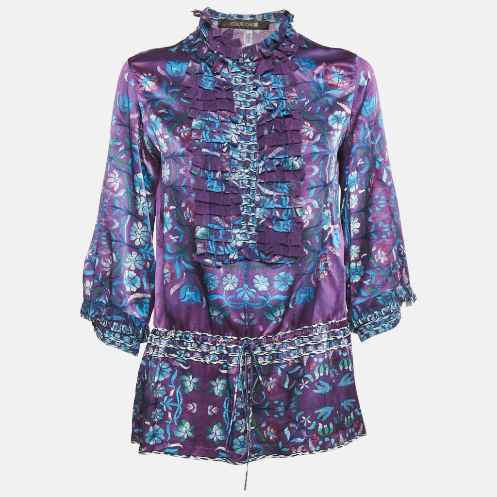 luxury-women-roberto-cavalli-used-clothes-p1142357-001 Roberto Cavalli Purple Floral Print Silk Ruffled Top M