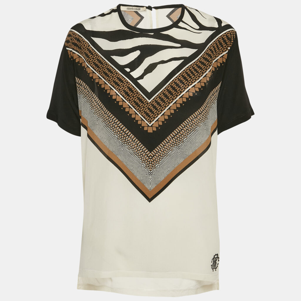 luxury-women-roberto-cavalli-used-clothes-p1146424-001 Roberto Cavalli White Printed Silk Short Sleeve Top M