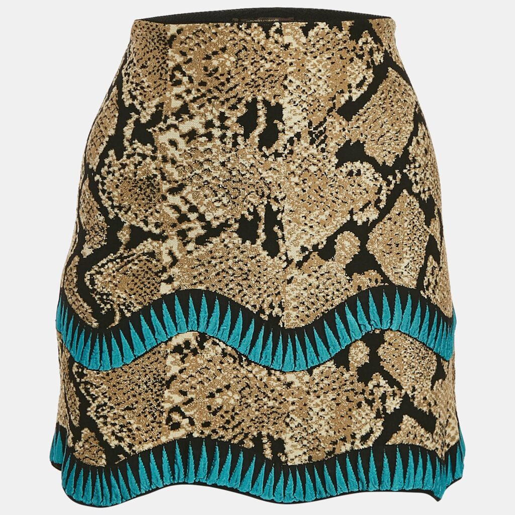 luxury-women-roberto-cavalli-used-clothes-p1146429-005 Roberto Cavalli Beige Snakeskin Pattern Stretch Knit Scallop Mini Skirt S