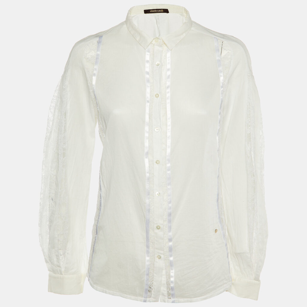 luxury-women-roberto-cavalli-used-clothes-p1147167-004 Roberto Cavalli White Cotton & Lace Paneled Button Up Shirt L