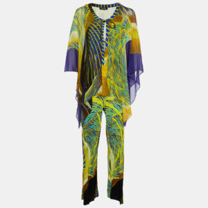 roberto cavalli blue/yellow printed silk & jersey jumpsuit m