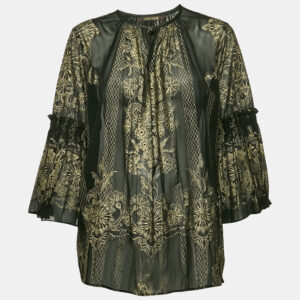 Roberto Cavalli Black Painted Silk A-Line Blouse L