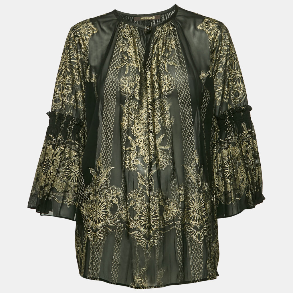 Roberto Cavalli Black Painted Silk A-Line Blouse L