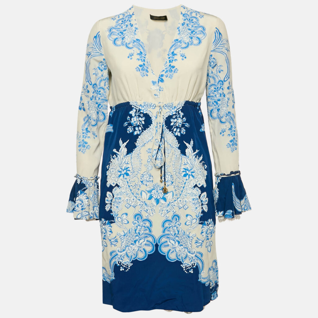 Roberto Cavalli White/Blue Floral Print Silk Lace Trimmed Short Dress M