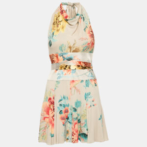 Roberto Cavalli Grey Floral Print Jersey Halter Neck Mini Dress M