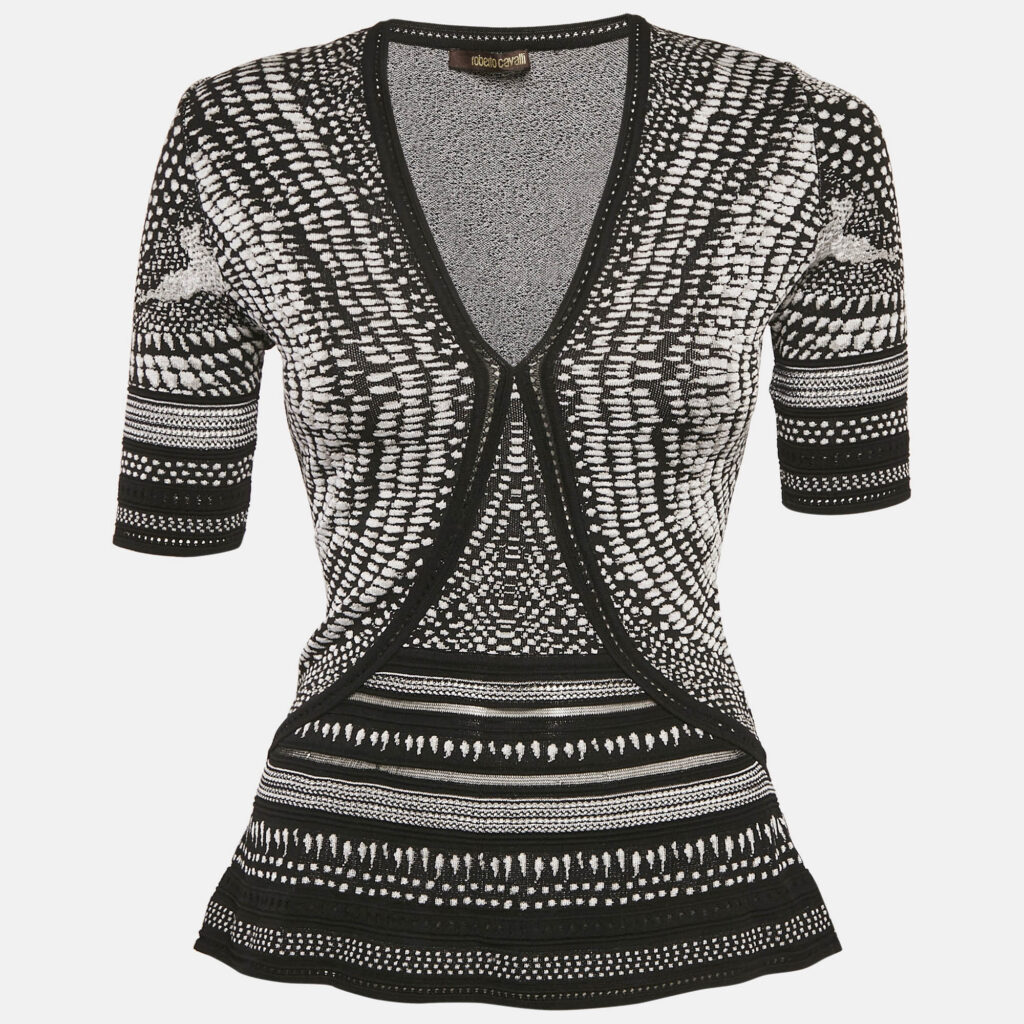 luxury-women-roberto-cavalli-used-clothes-p1164489-004 Roberto Cavalli Monochrome Patterned Jacquard Stretch Knit Top S