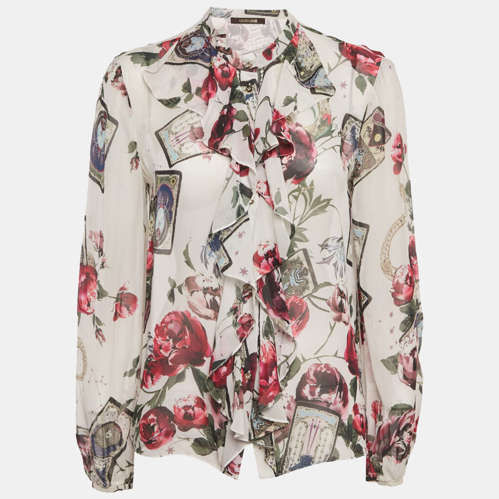 luxury-women-roberto-cavalli-used-clothes-p1169806-001 Roberto Cavalli White Printed Silk Chiffon Ruffled Sheer Top S