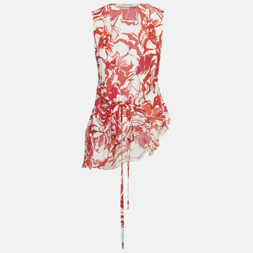 luxury-women-roberto-cavalli-used-clothes-p1169811-002 Roberto Cavalli Red Printed Silk Asymmetric Sleeveess Wrap Top S