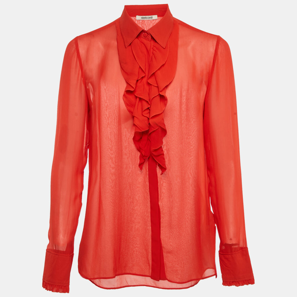 luxury-women-roberto-cavalli-used-clothes-p1169813-002 Roberto Cavalli Red Silk Chiffon Ruffle Neck Sheer Shirt S