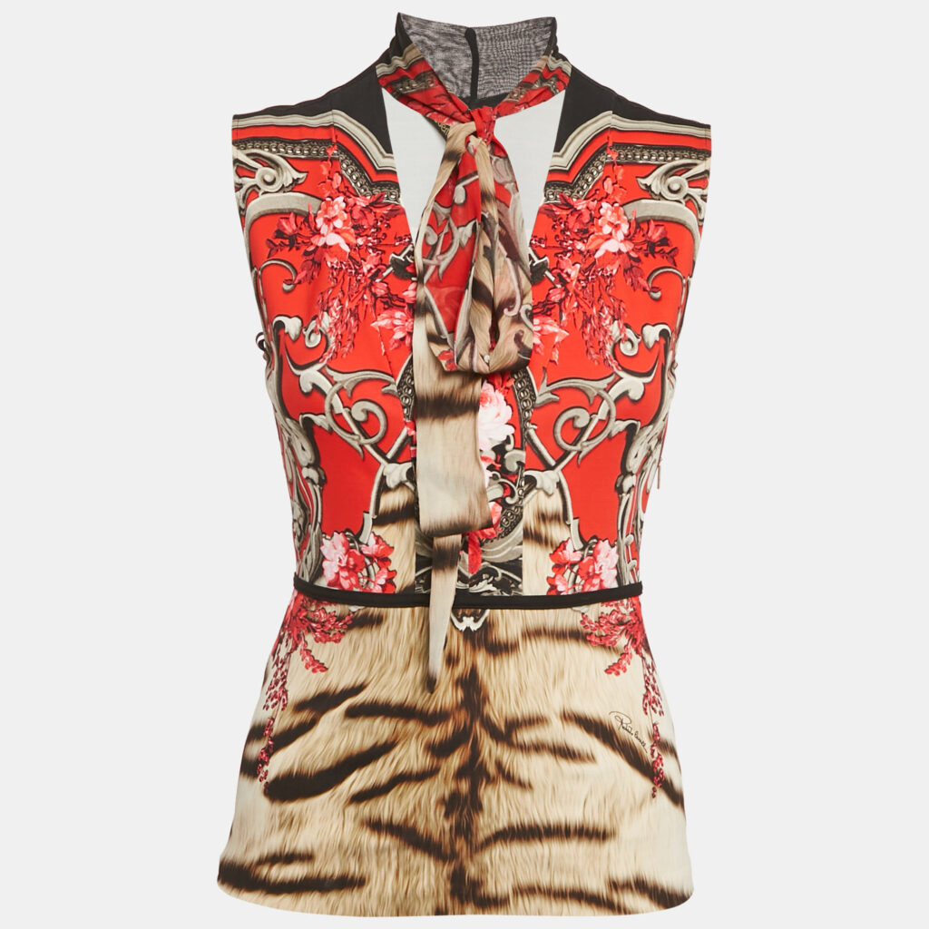 luxury-women-roberto-cavalli-used-clothes-p1169889-004 Roberto Cavalli Red Floral Print Jersey Sleeveless Top S