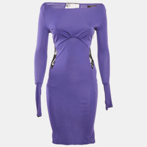 Roberto Cavalli Purple Crepe Lace Back Midi Dress S