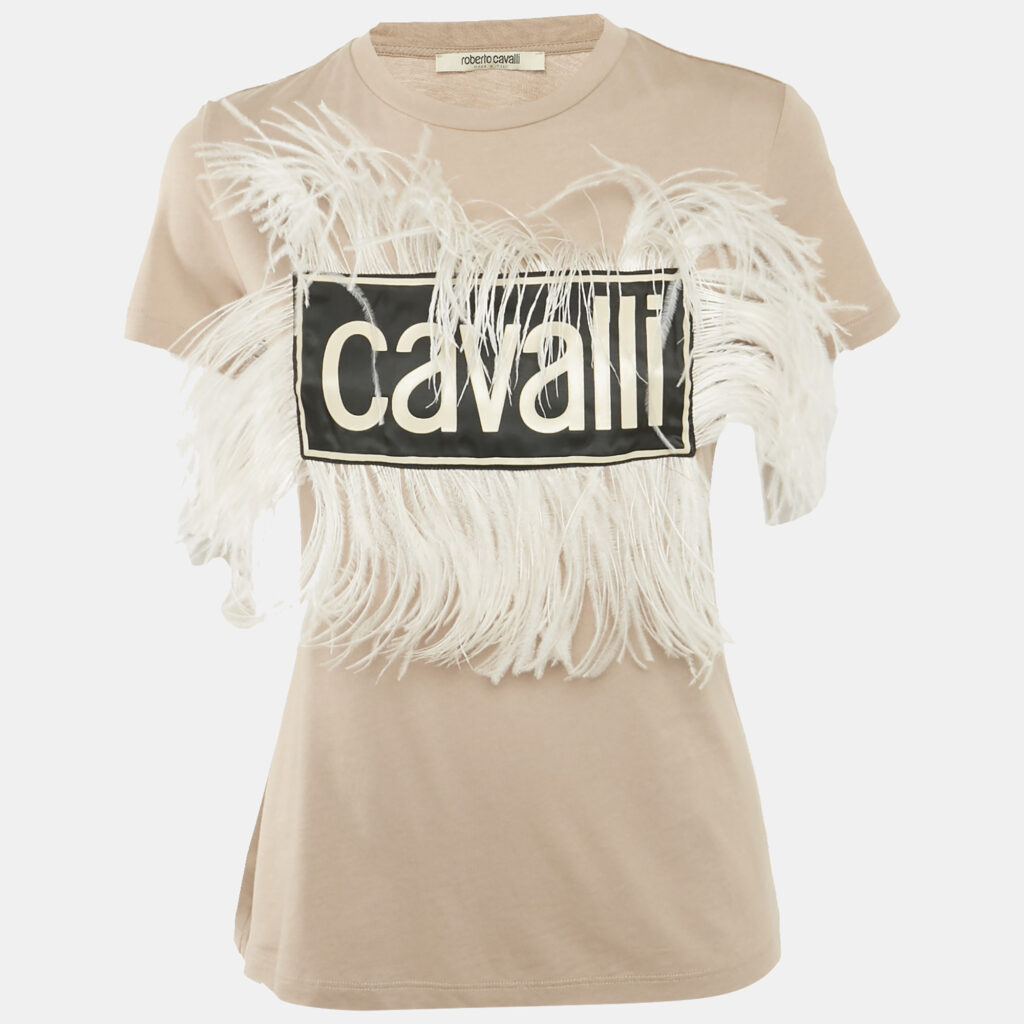 luxury-women-roberto-cavalli-used-clothes-p1170381-001 Roberto Cavalli Beige Cotton and Modal Faux Feather Detail T-Shirt XS