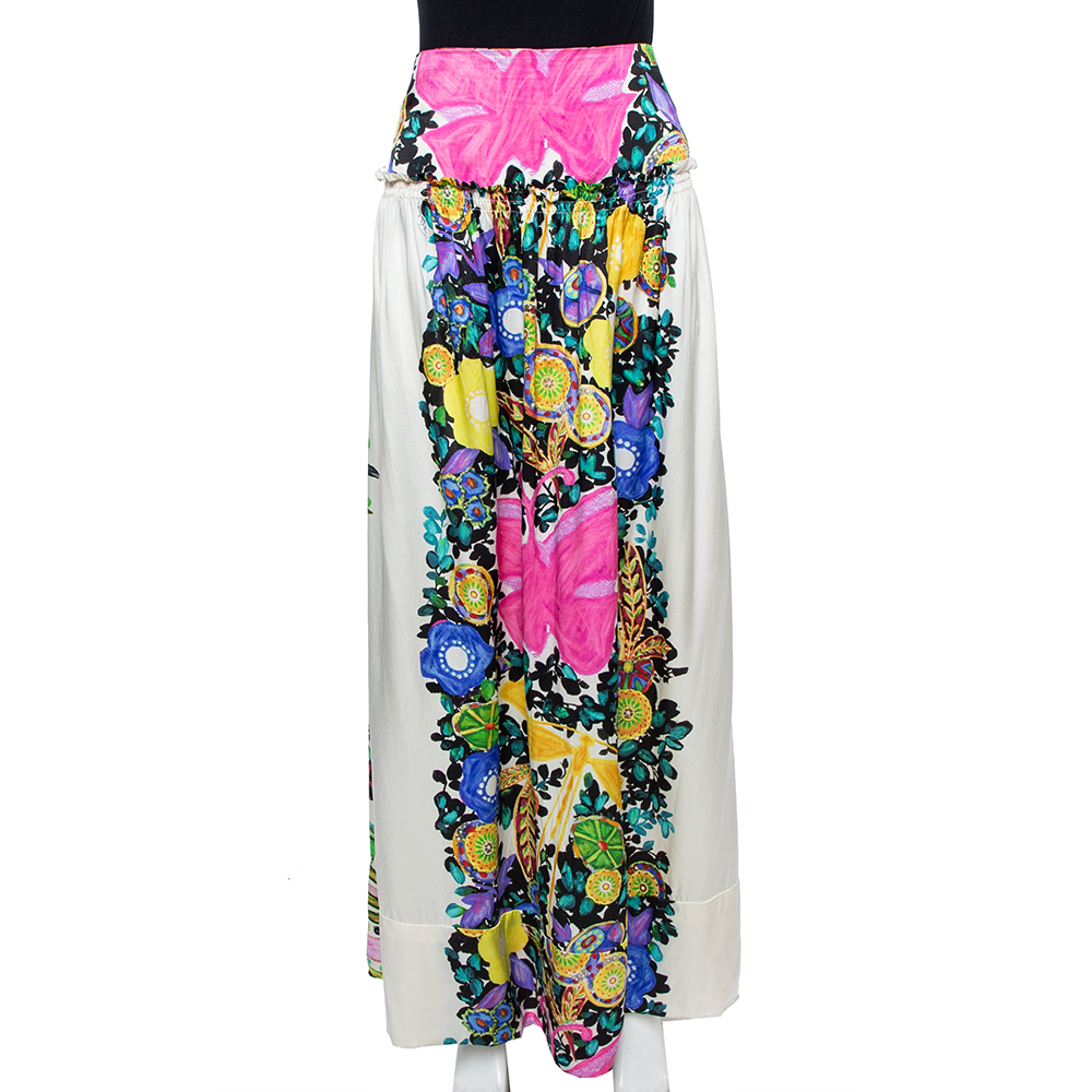 luxury-women-roberto-cavalli-used-clothes-p356786-003 Roberto Cavalli Cream Flora & Fauna Print Satin Silk Maxi Skirt L